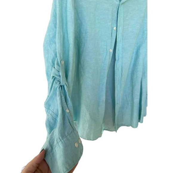 Perry Ellis Men's Roll Sleeve Linen Cotton Button-Down Shirt Aqua Sea Size XXL - Picture 6 of 10